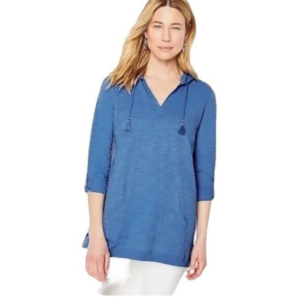 J. Jill Blue Slub Cotton Tab-Sleeve Knit Hoodie Tassel V-Neck XS Petite